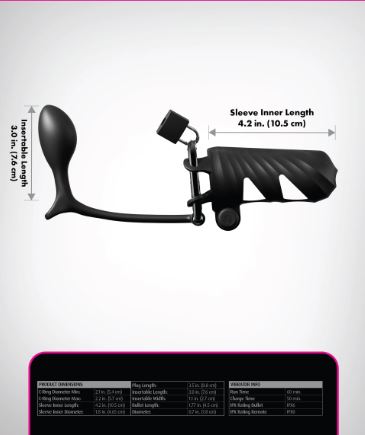 Fantasy C Ringz Vibrating Cock Blocker with Ass Gasm Plug dimensions and features diagram.