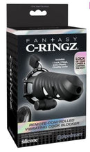 Fantasy C-Ringz Vibrating Cock Blocker Black packaging featuring remote control and chastity locks.