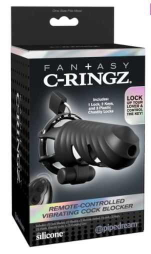 Fantasy C-Ringz Vibrating Cock Blocker Black packaging featuring remote control and chastity locks.