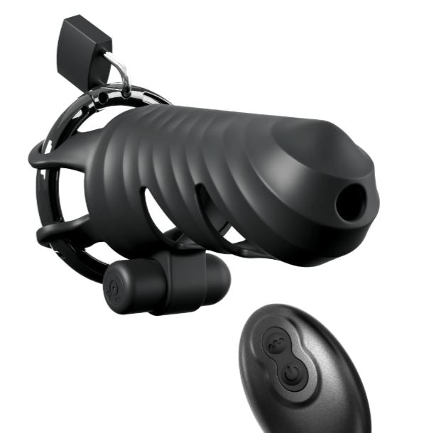Fantasy C-Ringz Vibrating Cock Blocker Black remote-controlled chastity device with sleek design.