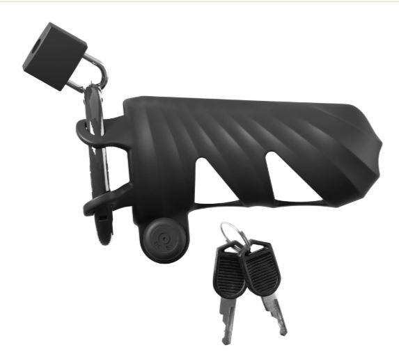 Fantasy C-Ringz Vibrating Cock Blocker Black with keys and a lock, ideal for secure chastity.