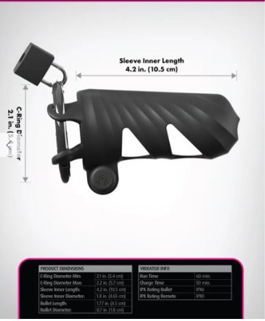 Fantasy C-Ringz Vibrating Cock Blocker Black dimensions and features diagram for secure, comfortable wear.