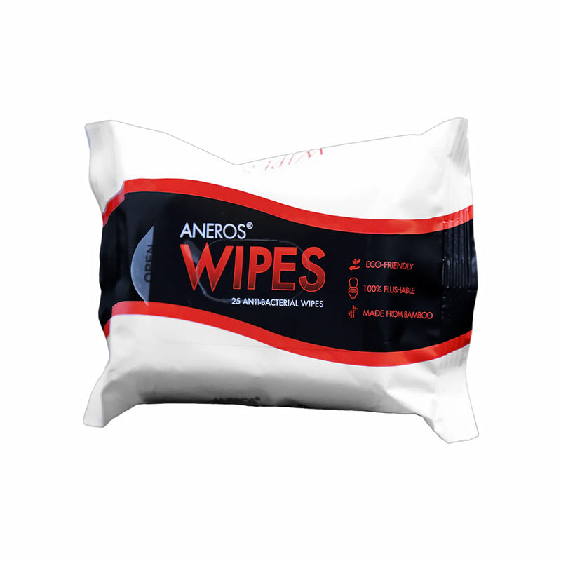 Aneros Wipes pack containing 25 antibacterial wipes for cleaning body and sex toys, eco-friendly and flushable.