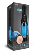 ZOLO Thrustbuster Vibrating Pussy Masturbator Blue Black packaging featuring automatic thrusting and vibrating modes.