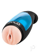 ZOLO Thrustbuster Vibrating Pussy Masturbator Blue Black showcasing automatic thrusting action and realistic design.