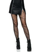 Model wearing Leg Avenue Cracked Fishnet Tights One Size Black with a black dress and lace-up boots.