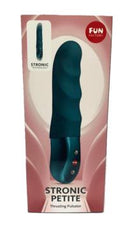 Fun Factory Stronic Petite Thrusting Pulsator Bottle Green in packaging with ergonomic design.