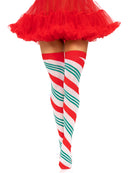 Leg Avenue Holiday Ribbon Thigh High Stockings Swirl featuring festive red and white candy cane design.