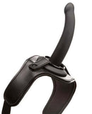 ONYXXX adjustable thigh strap-on harness with 5-inch curved silicone probe, featuring a beginner-friendly design.