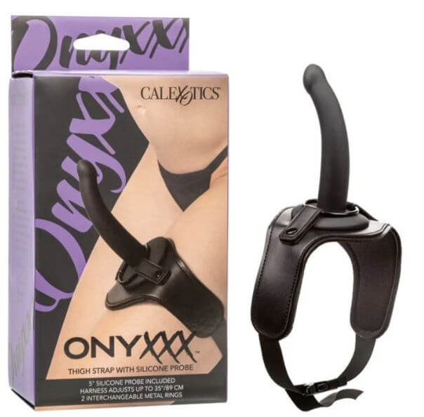 ONYXXX adjustable thigh strap-on harness with 5-inch curved silicone probe and packaging, perfect for beginner-friendly play.