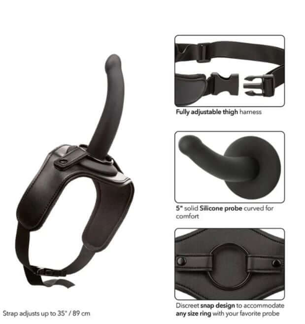 ONYXXX adjustable thigh strap-on harness with 5-inch curved silicone probe, beginner-friendly design, fully adjustable strap.