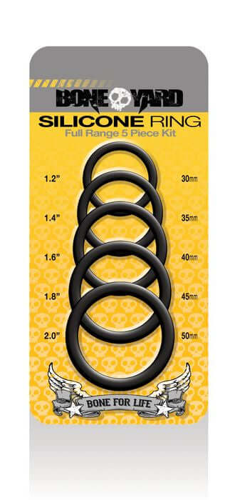 Boneyard Silicone Ring Cock Rings 5 Piece Kit Black featuring five sizes on packaging, perfect for enhancing intimate play.