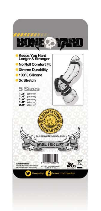Boneyard Silicone Ring Cock Rings 5 Piece Kit Black packaging showing sizes and features