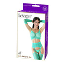 4 Pc Green Lingerie Set packaging featuring a model in matching bra, panties, garter, and thigh-highs.