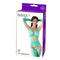 4 Pc Green Lingerie Set packaging featuring a model in matching bra, panties, garter, and thigh-highs.