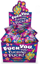 Fuck You You Fucking Fuck Candy 100 Pc Display with colorful mini-packs and middle finger candies.