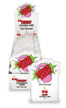 SMACK Tarts Cherry Lube 3 ml 36 Pc Display featuring cherry lickable lube pouches in a retail counter display.