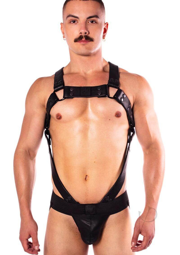 Prowler RED Noir Body Harness XL Black worn by model, showcasing bold fetish style and masculine design.