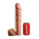 King Cock 12 Inch Hollow Strap-on Suspender System Flesh next to a soda can for size comparison.
