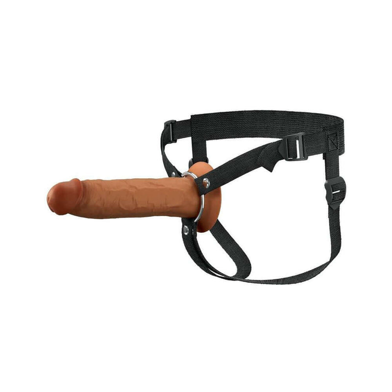 Fantasy X Elite 9 inches Silicone Hollow Strap On Brown with adjustable harness for enhanced pleasure.