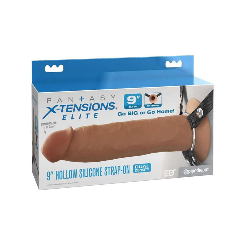 Fantasy X Elite 9 inches Silicone Hollow Strap On Brown packaging showcasing its dual density design.