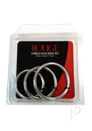 Rouge Stainless Steel Cock Ring Set of 3 Pieces featuring three graduated sizes in a packaging.