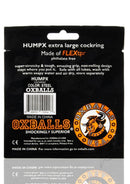 Oxballs HumpX Cock Ring Silver packaging displaying FLEXtpr material details and care instructions.