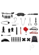 Lux Fetish Bedspreaders Bondage In A Box Deluxe 20 Piece Set includes various restraint and sensation tools.