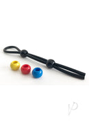 Boneyard Double Slide Cock Leash Silicone Cock Tie Black with colored ABS latches in yellow, red and blue.