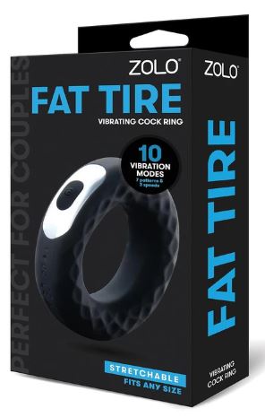 ZOLO Fat Tire Vibrating Cock Ring packaging with 10 vibration modes and stretchable design for enhanced intimacy.