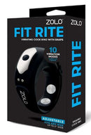 ZOLO Fit Rite Vibrating Cock Ring with Adjustable Snaps packaging displaying 10 vibration modes and a sleek design.