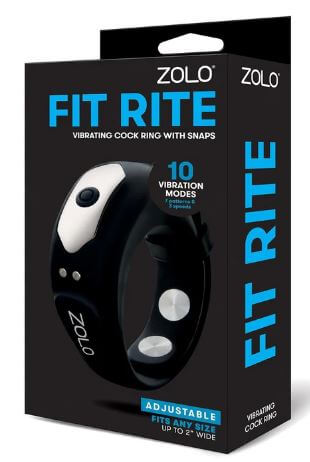ZOLO Fit Rite Vibrating Cock Ring with Adjustable Snaps packaging displaying 10 vibration modes and a sleek design.