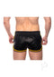 Prowler RED Leather Sport Shorts Small Black Yellow displayed from the back, showcasing the sleek design and yellow accents.