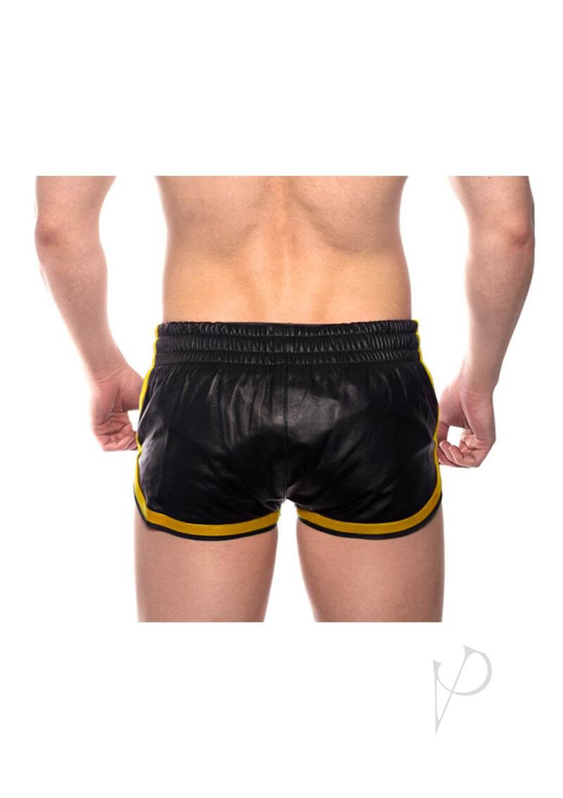 Prowler RED Leather Sport Shorts Small Black Yellow displayed from the back, showcasing the sleek design and yellow accents.