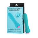 FemmeFunn Ultra Bullet Massager Rechargeable Turquoise with packaging showcasing design and features.