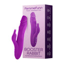 FemmeFunn Booster Rabbit Dual Stimulation Rotating Vibrator Purple packaging and product design in vibrant purple color.