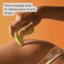 OhNut Kiwi Vibrating Personal Massager Green in use, showcasing its three massage ends for pelvic muscle tension relief.