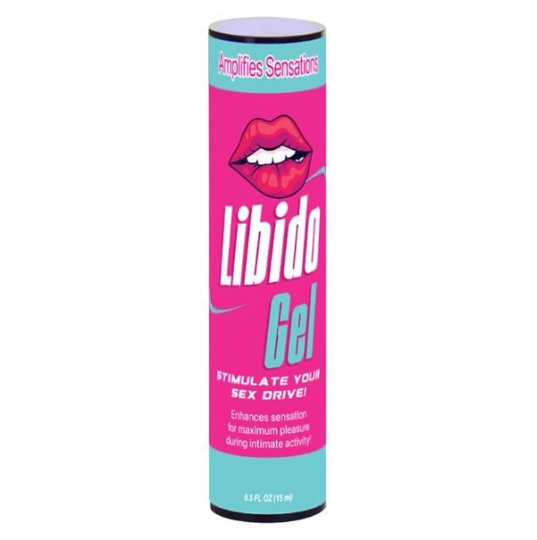 Libido Gel Female Arousal Gel 0.5 Oz Bottle packaging with bold graphics and text promoting enhanced pleasure.