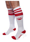 Prowler RED Football Socks White Red displayed on a model, featuring red stripes and sporty design.