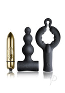 Silhouette Be Mine Silicone Bullet Vibrator Set Black including powerful bullet and two silicone attachments.