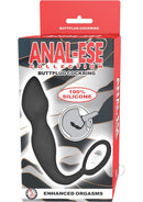 Anal-Ese Collection Silicone Cock Ring with Butt Plug Black packaging displaying product features and materials.