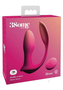 3Some Double Ecstasy Silicone Remote Control Vibrator Pink packaging with dual vibrators and wireless remote.