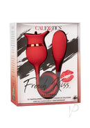 French Kiss Casanova Clit Stimulator Red packaging showcasing two stimulators with 12 functions and USB rechargeable design.