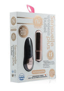 Nu Sensuelle Silicone Bullet Plus Remote Rose Gold packaging displaying the sleek vibrator and remote for discreet pleasure.