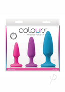 Colours Pleasures Trainer Kit Silicone Anal Plugs in pink, purple, and blue packaging with three graduated plugs.
