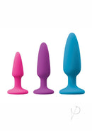 Colours Pleasures Trainer Kit Silicone Anal Plugs in pink, purple, and blue for comfortable anal play.
