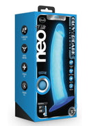 Neo Elite Glow in the Dark Dildo 7.5 Inch Blue packaging showcasing its features and vibrant glow.