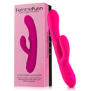 FemmeFunn Ultra Rabbit Silicone Dual Stimulation Vibrator Pink in packaging with a sleek ergonomic design.