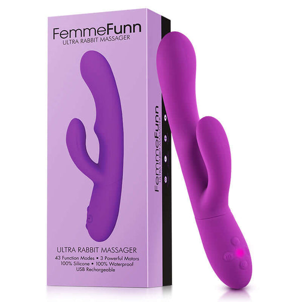 FemmeFunn Ultra Rabbit Dual Stimulation Vibrator Purple in packaging showcasing design and features.