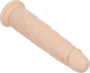 Rechargeable Vibrating & Thrusting Silicone Studs Vanilla resting on a flat surface, showcasing its realistic design and texture.